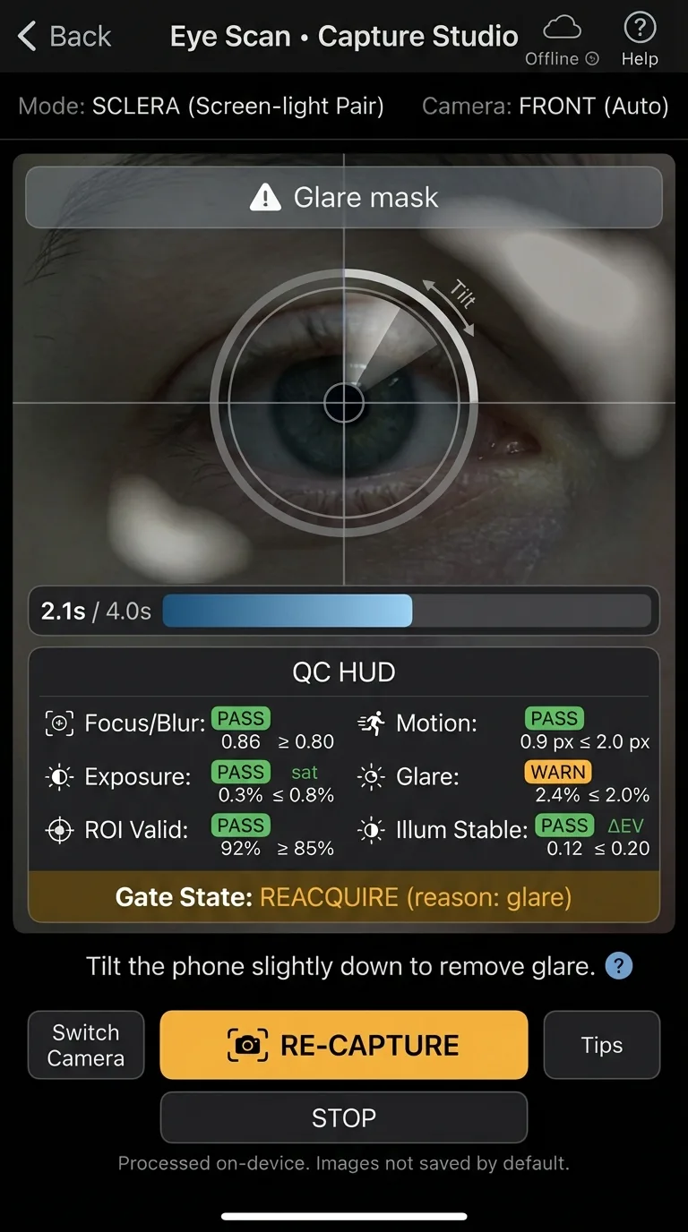 NoDraw app capture studio showing an eye scan with QC HUD and glare warning.