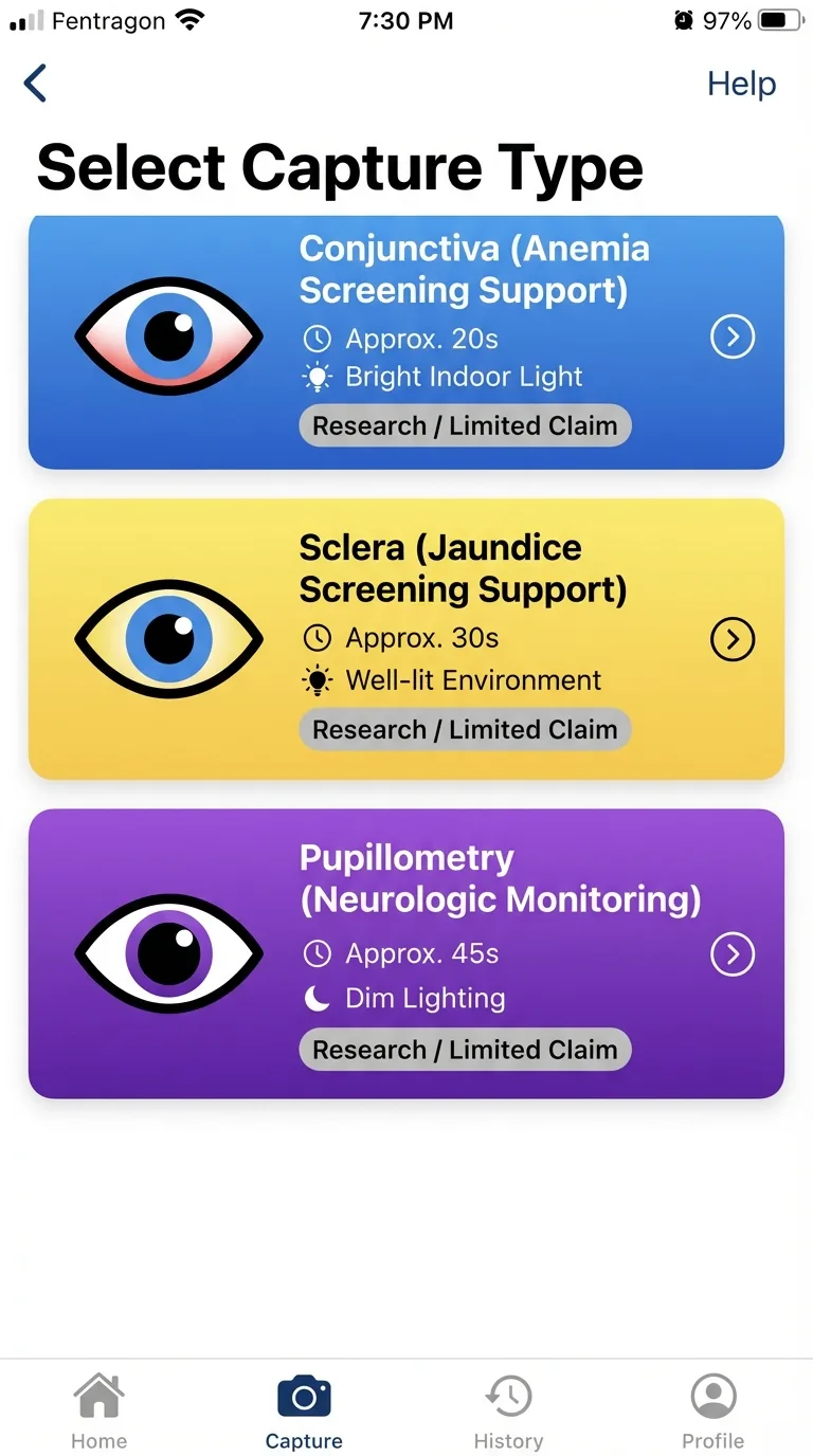 NoDraw app screen with patient, clinician, and community health worker workflow options.